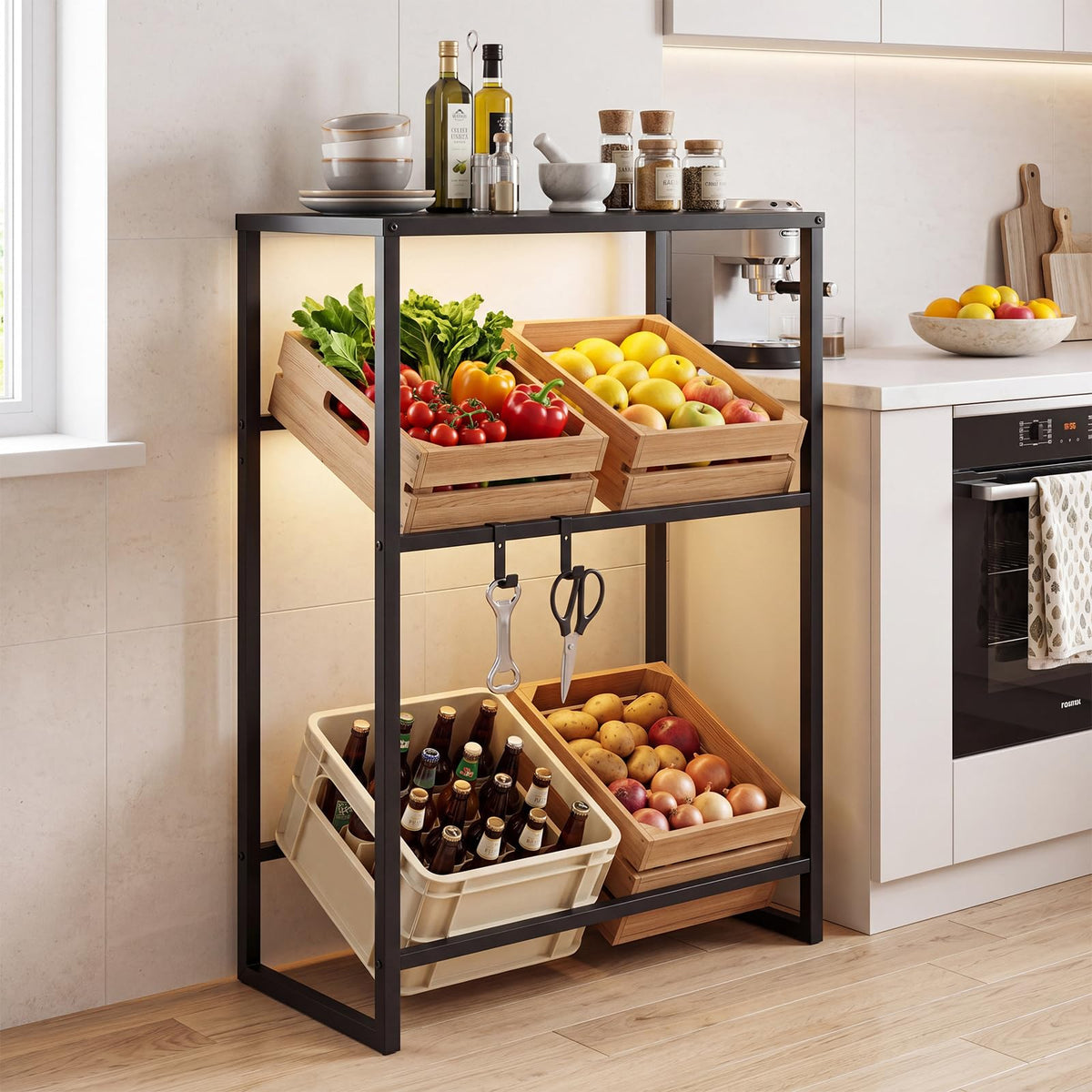 Giantex 3-Tier Drink Crate Shelf, Heavy-duty Metal Storage Rack with 2 Hanging Hooks