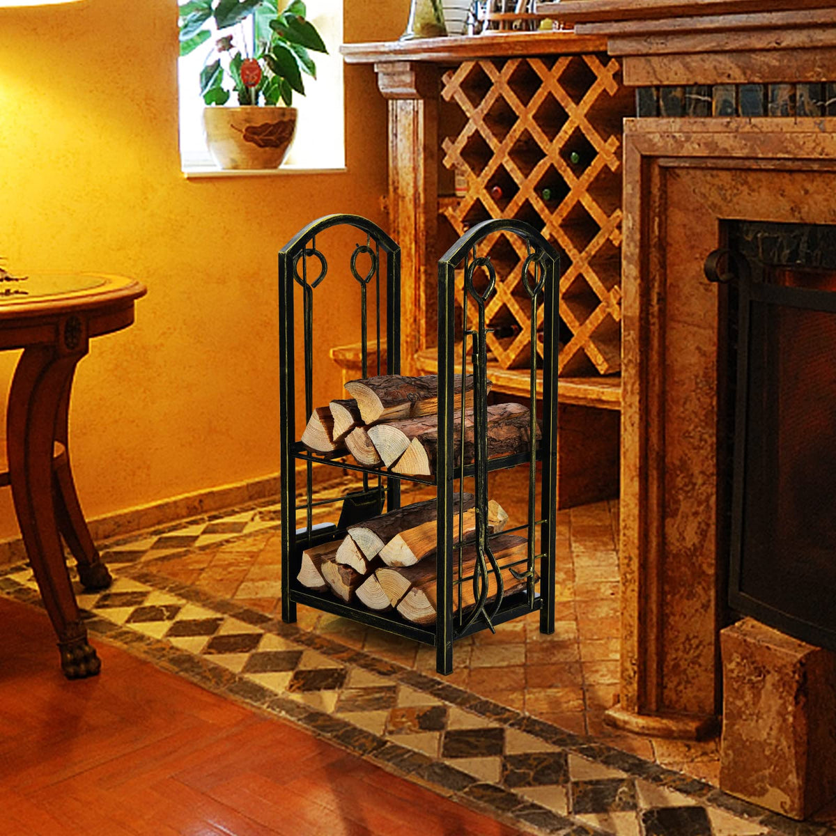 Giantex Firewood Rack with 4 Fireplace Tools Wrought Iron Log Storage ...