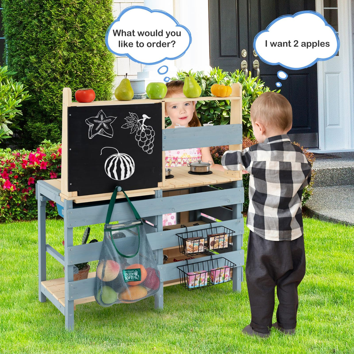 2-In-1 Outdoor Kids Play Kitchen and Grocery Store for 3-8 Years Old Toddlers