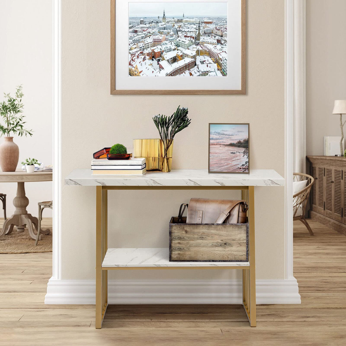 Giantex 2-Tier Console Table, White Faux Marble Sofa Table w/Open Shelf, Gold Steel Frame