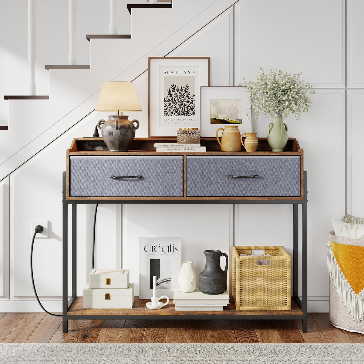 Giantex Console Table with Charging Station, 110 cm Narrow Entryway Table