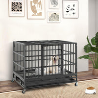 96CM/120CM Foldable Heavy-Duty Metal Dog Cage W/Lockable Rolling Casters, Removable Tray, 2 Lockable Doors