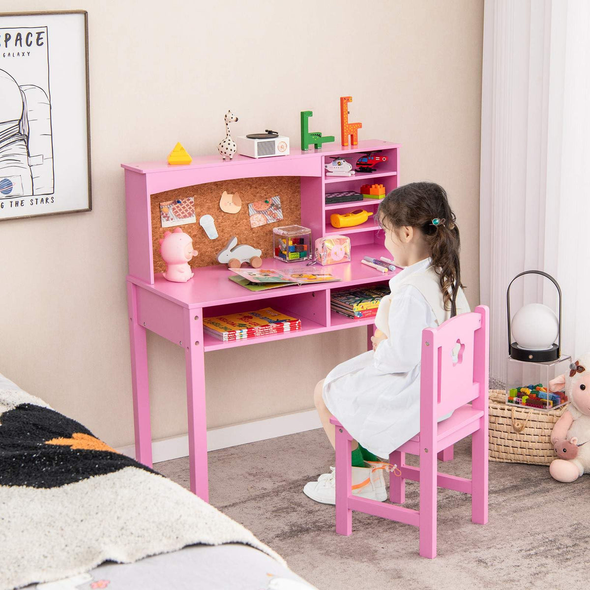 Kids Desk and Chair Set with Hutch and Cork Bulletin Board