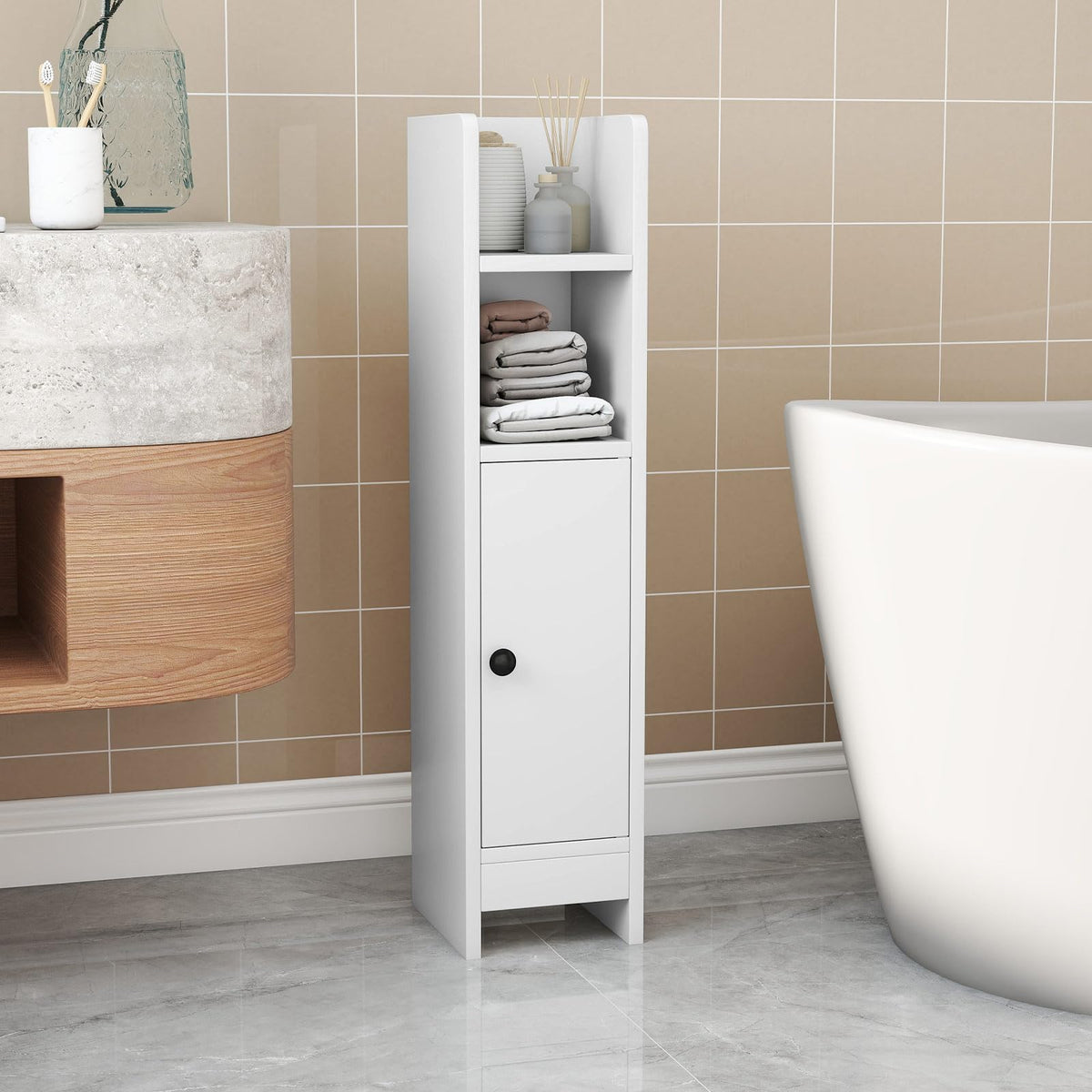 Giantex Bathroom Storage Cabinet, Slim Corner Floor Standing Cabinet with Adjustable Shelf