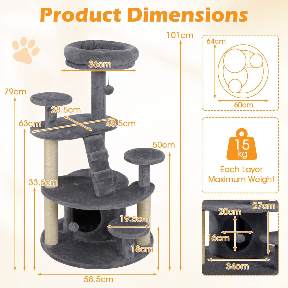 Cat Tree with Condo and Padded Perch for Adult Cats