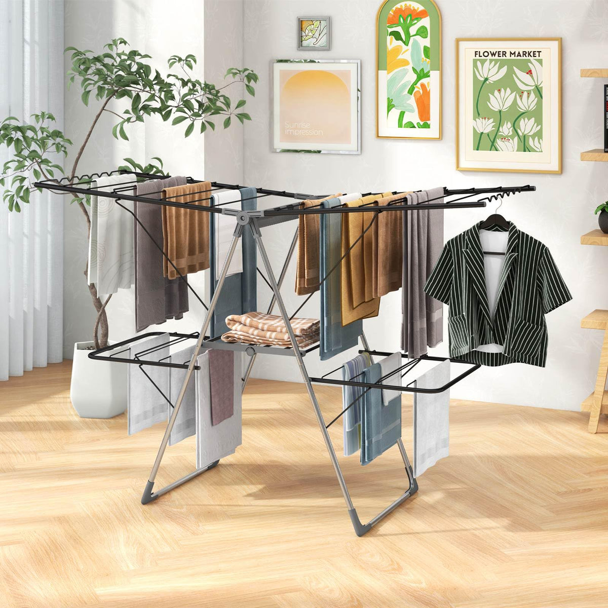 2-Tier Foldable Clothes Drying Rack Clothing Laundry Rack Airer Dryer Stand