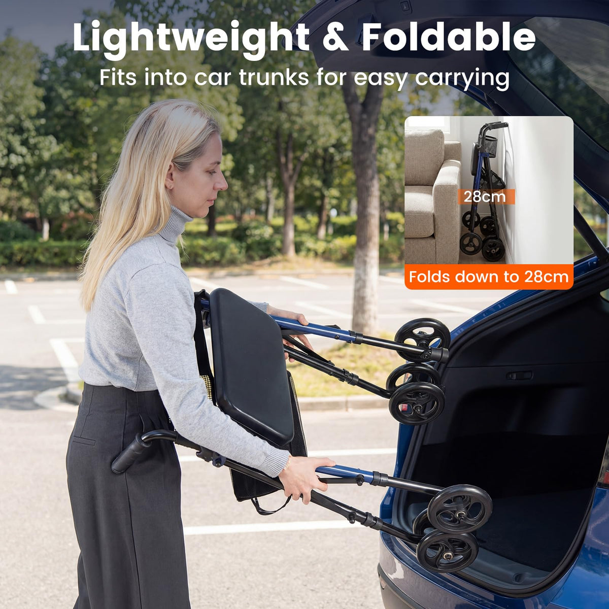 Rollator Walker with Seat, Foldable Mobility Walkers for Seniors w/8-Level Adjustable Handles
