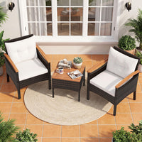 3-Piece Wicker Bistro Set with Acacia Table & Armchairs and Cushions for Backyard