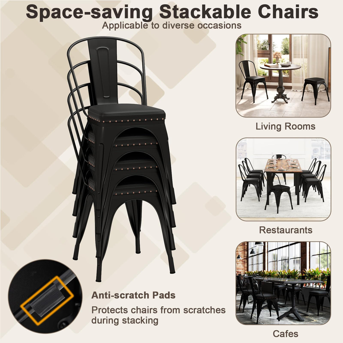 Metal Dining Chair Set of 4 Stackable Kitchen Chairs Cafe Restaurant Chairs