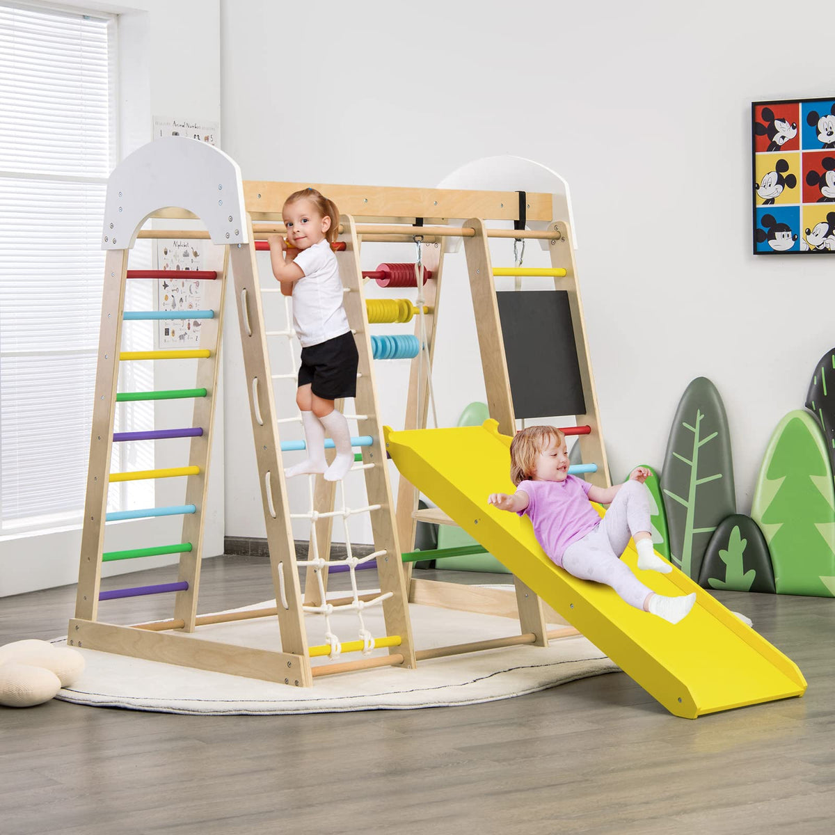 8-in-1 Wooden Climbing Playset with Slide and Drawing Board