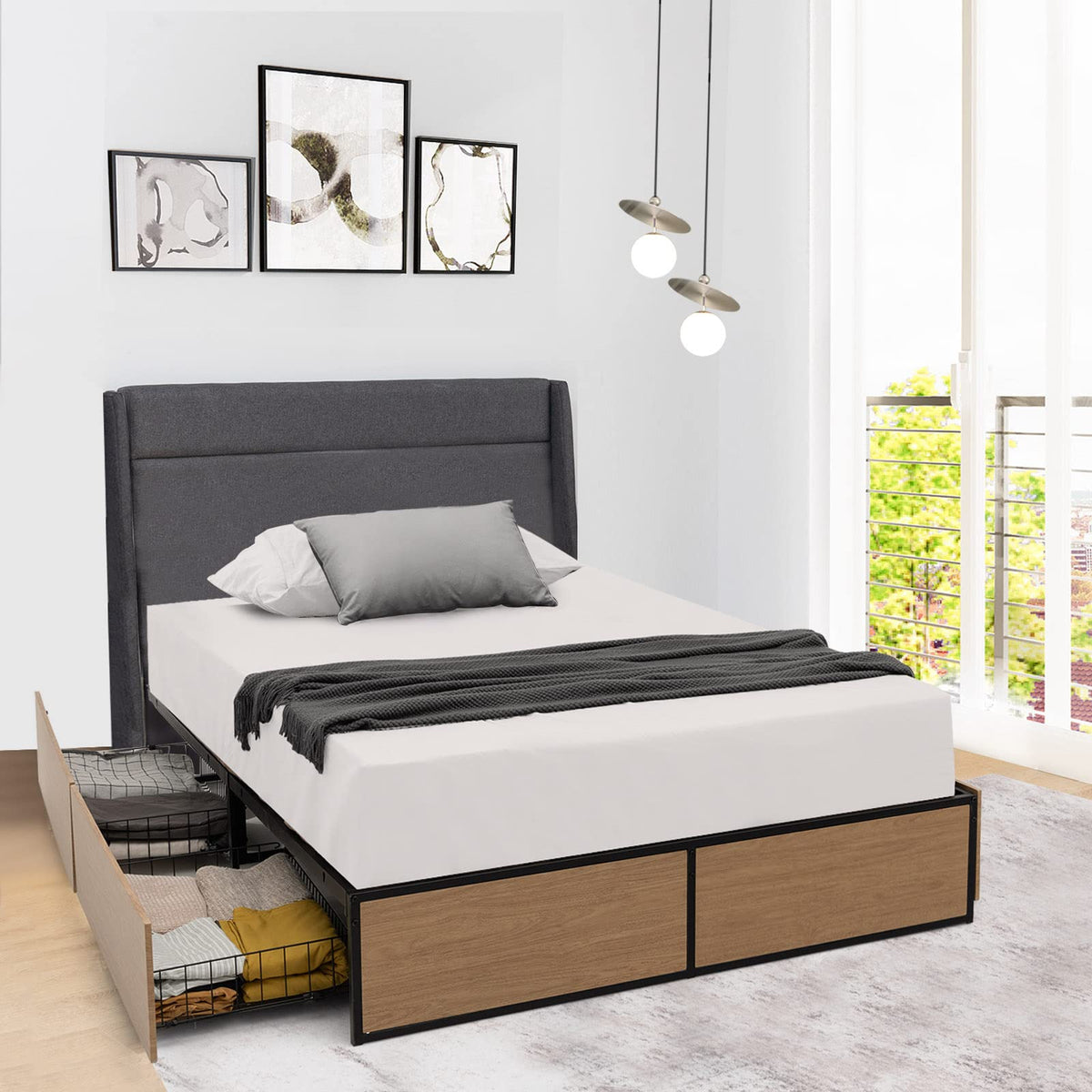 Giantex Double Size Metal Bed Frame w/ 4 Drawers