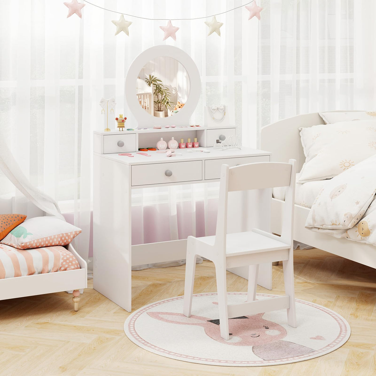 Kids Vanity Set with Mirror, Princess Makeup Dressing Desk and Chair Set with Mirror, Open Shelf and 4 Storage Drawers, Pretend Play Vanity Table Set (White)