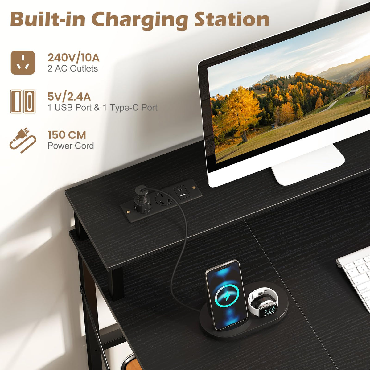 Giantex 120cm Computer Desk with Charging Station and LED Lights