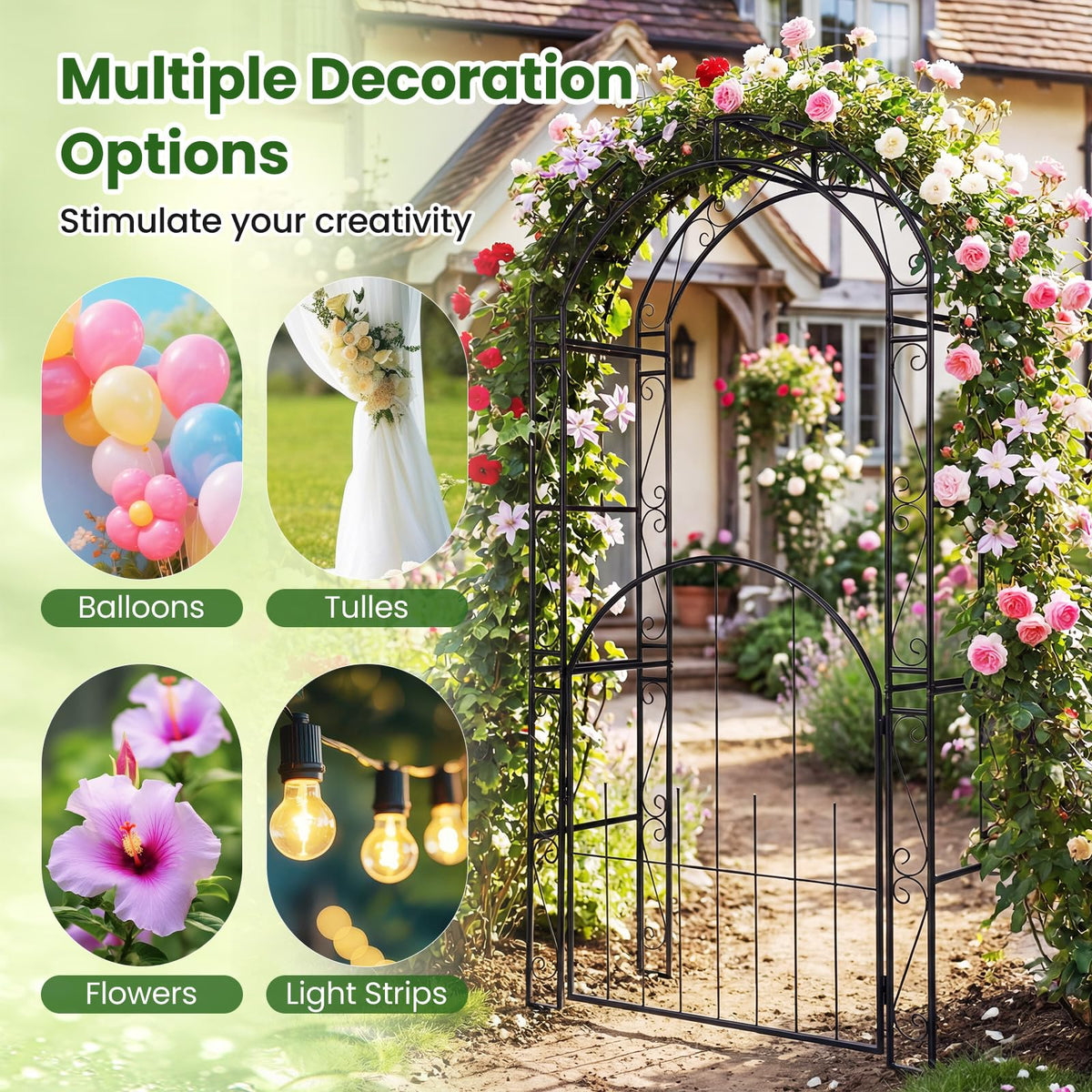 84'' Garden Arbor with Gate, Heavy-Duty Metal Arch Trellis for Climbing Plants Vines Roses