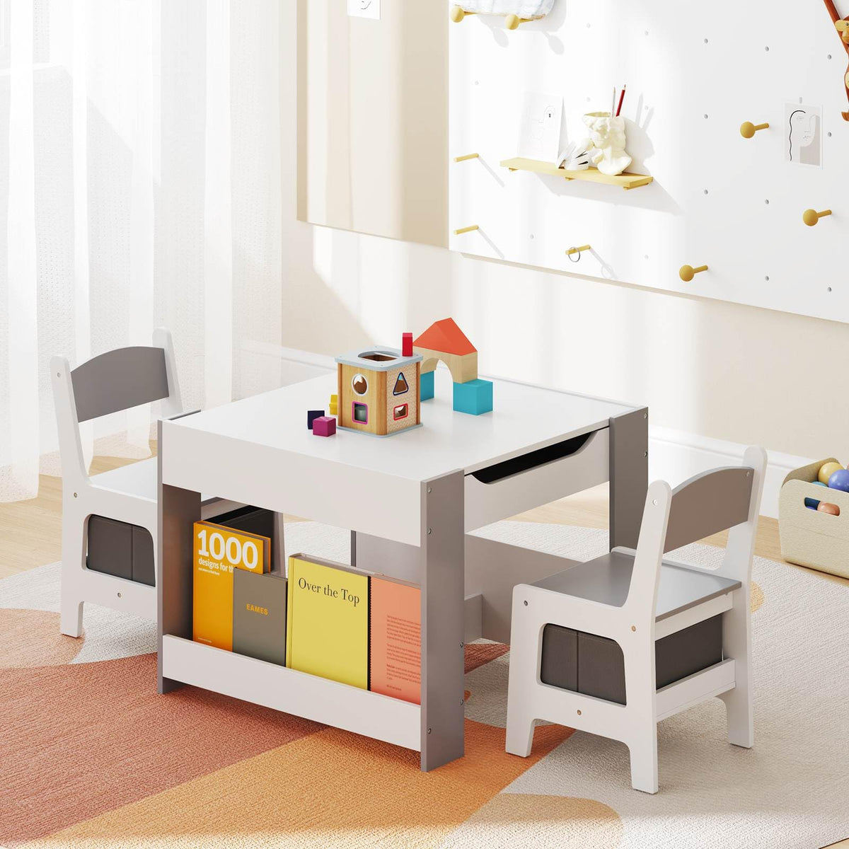 4-in-1 Kids Wooden Activity Table with Reversible Blackboard and Bookshelves