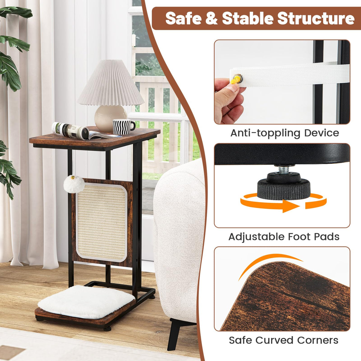 Cat Tree & End Table, C-Shaped Cat Side Table w/Scratching Board