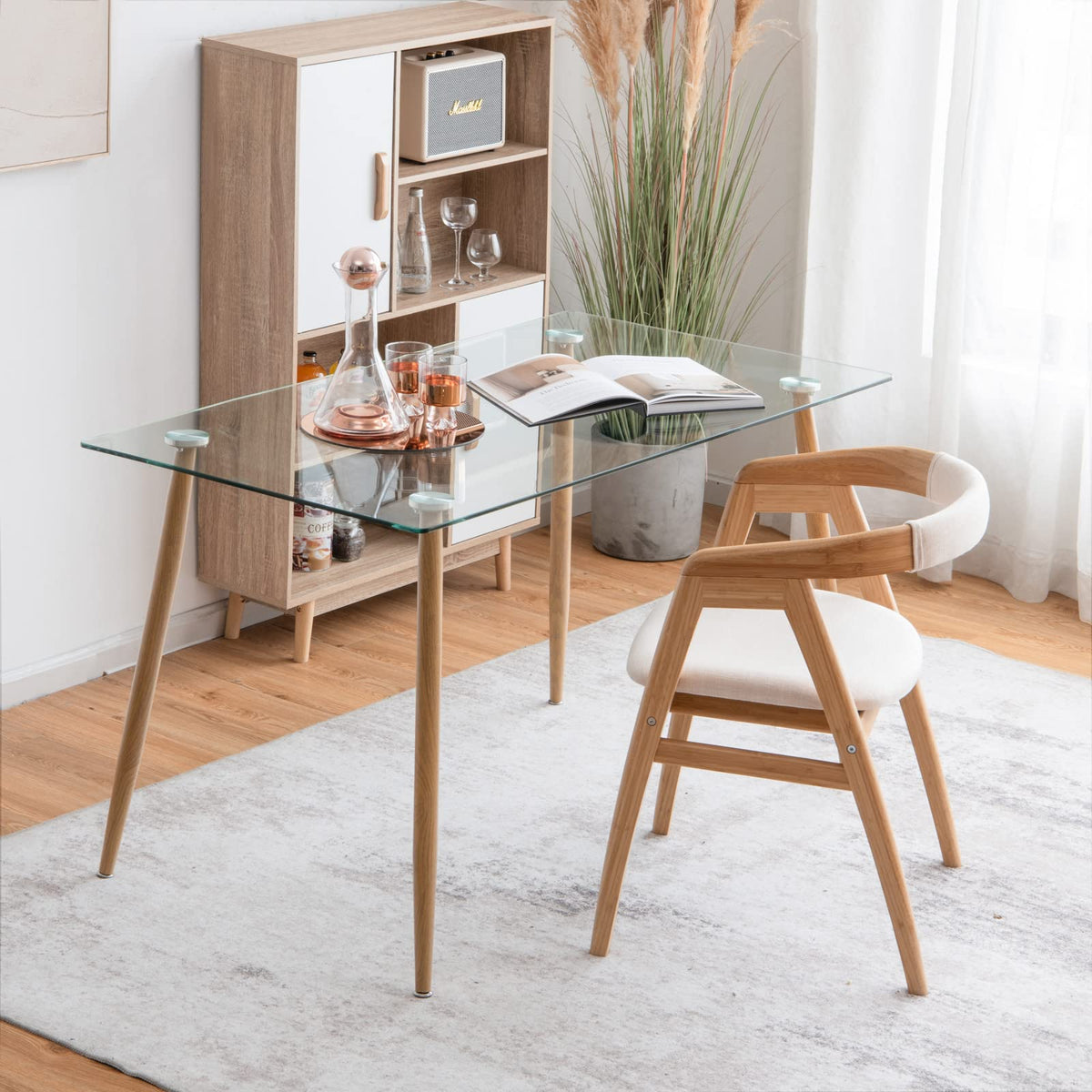 Giantex 129cm Modern Rectangle Glass Dining Table, Kitchen Glass Table W/Wood-Like Steel Legs