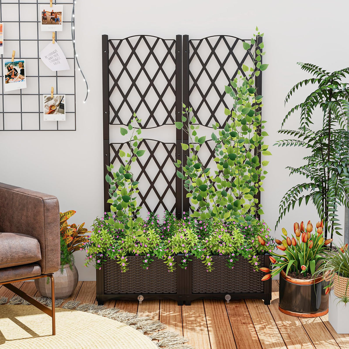 Raised Garden Bed with Trellis Double Planter Box for Climbing Plants