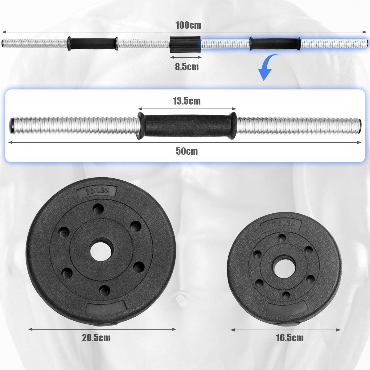 Adjustable Weights Dumbbells Set of 2, Total 30 kg Non-slip Fitness Lifting Barbell