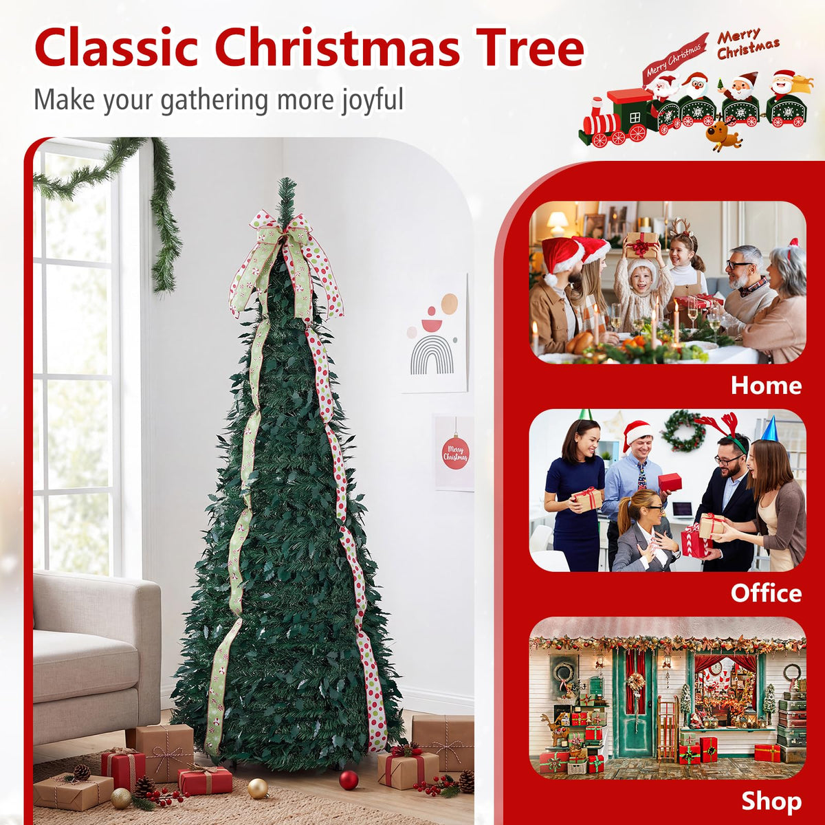 1.8M/2.1M Artificial Christmas Tree with Tree Topper Bow and 4 Ribbons