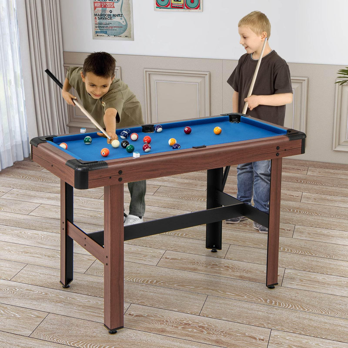 1.2M Pool Table for Kids & Adults, Wooden Billiard Game Table w/Full Set of Balls