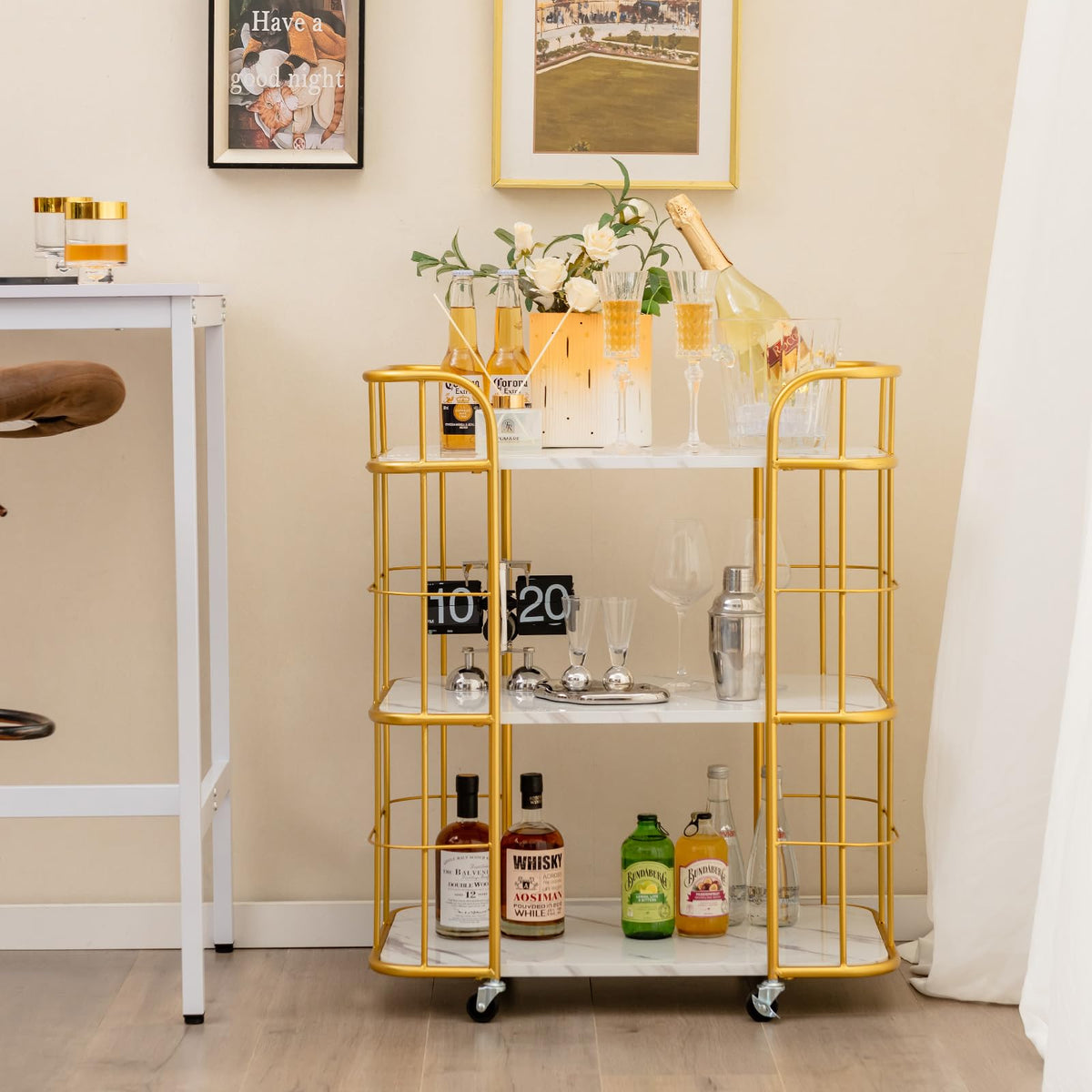 Giantex Gold Bar Cart, Home Island Service Cart, 3 Tier Storage Shelves
