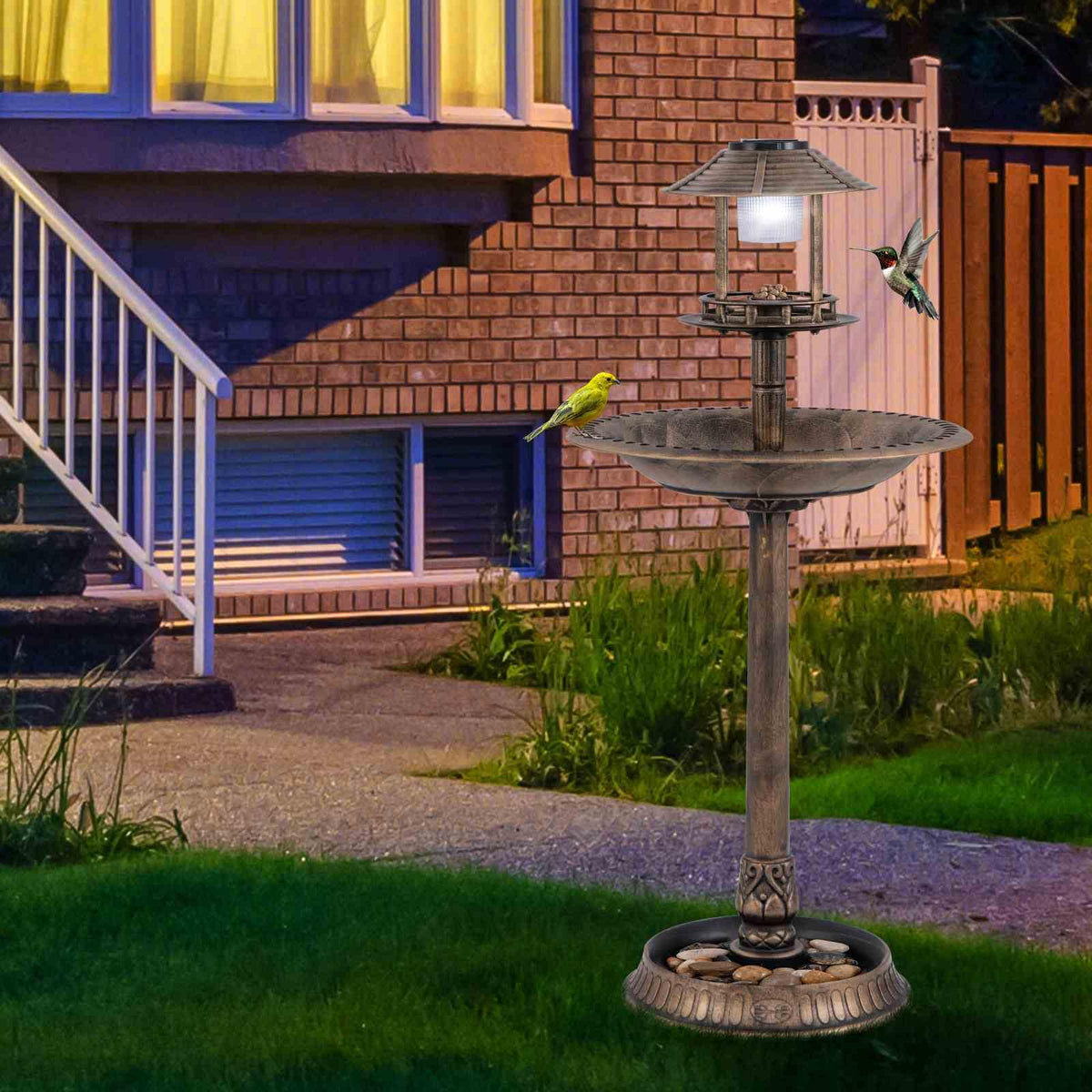 Outdoor Solar Lighted Bird Bath 3-in-1 Pedestal Bird Feeder Decor for Garden