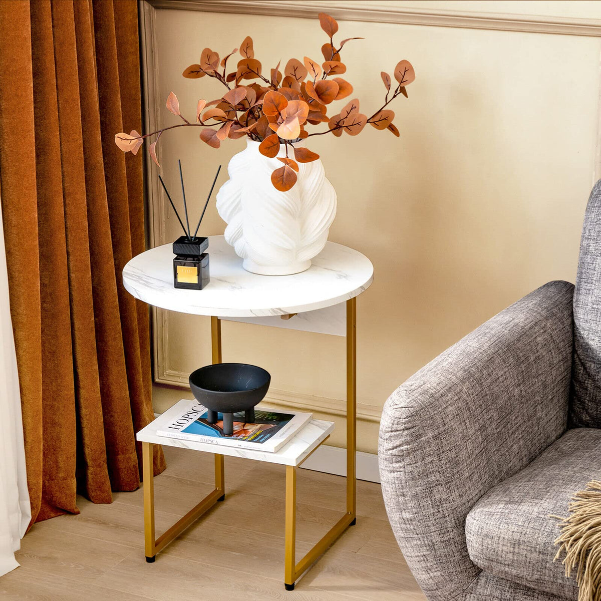 Giantex G-Shaped Side Table with Storage, 2-Tier End Table for Small Space White