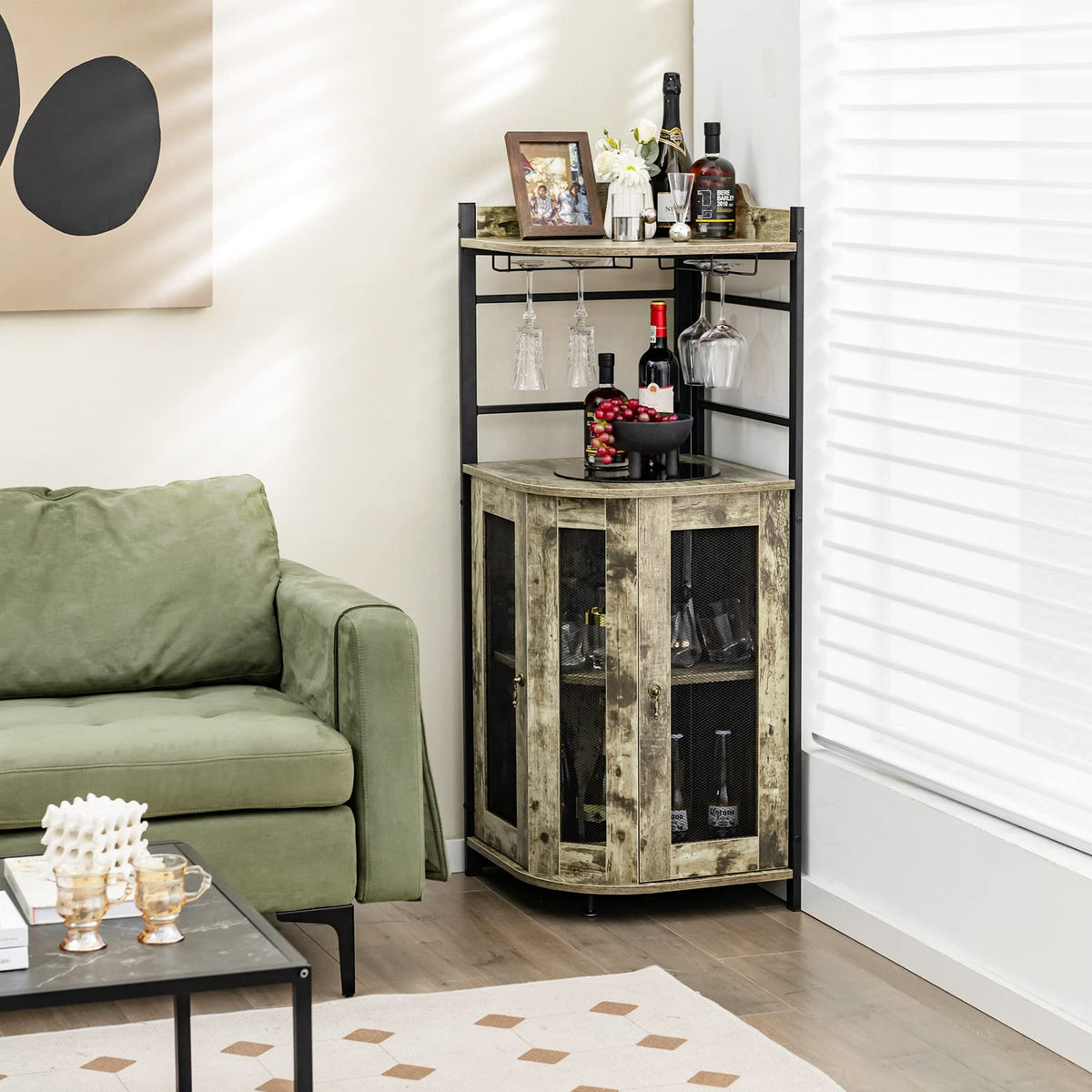 Giantex Corner Bar Cabinet with Glass Holder, Industrial Wine Cabinet with Metal Mesh Doors