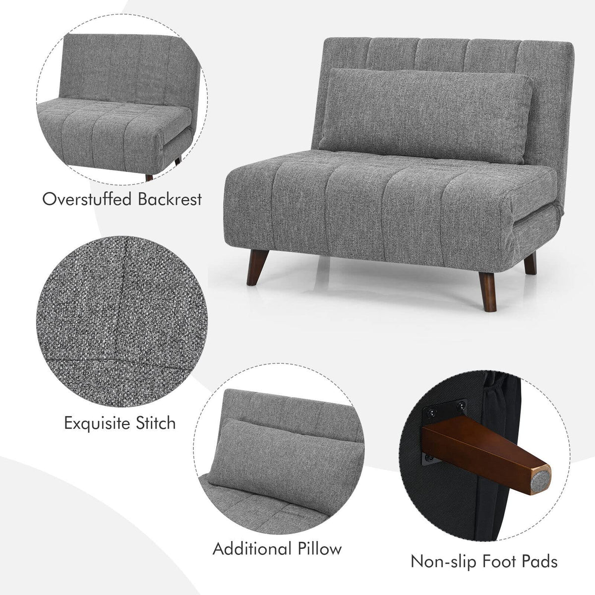 Tri-Fold Down Sofa Bed Chair with Solid Wood Legs