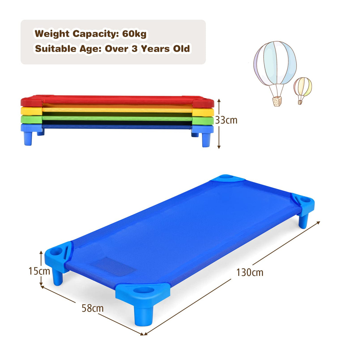 Kids Stackable Naptime Cot, Toddler Daycare Cots Rest Mat w/Easy Lift Corners