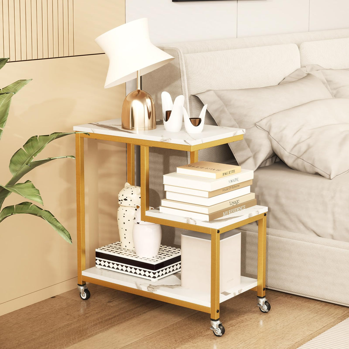 G-Shaped Side Table, 3-Tier Mobile End Table with Open Shelves