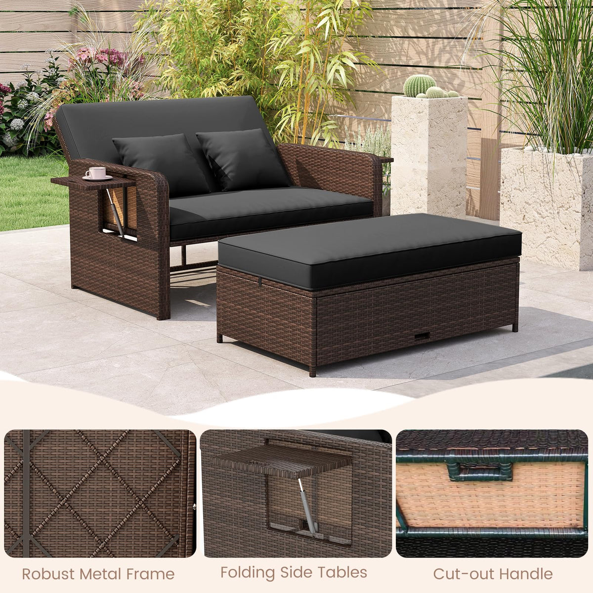 Patio Rattan Daybed, 2-Piece Loveseat & Storage Ottoman Set