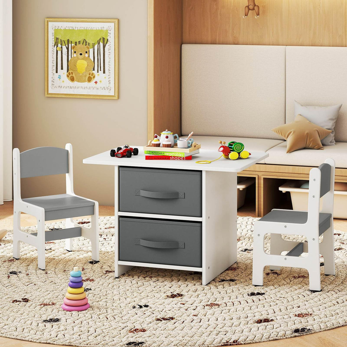 Kids Table and Chair Set, Toddler Wooden Activity Table & 2 Chairs Set