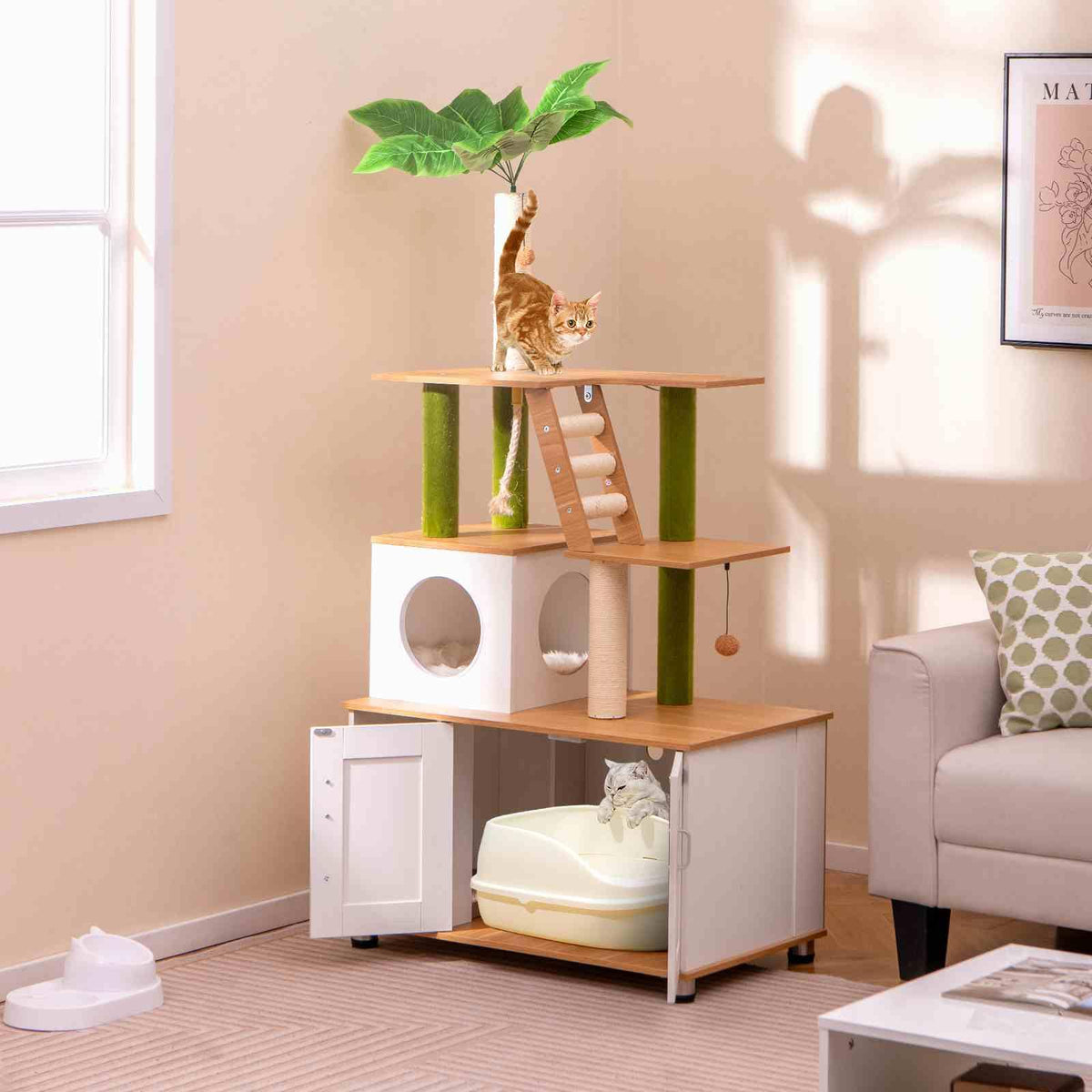 Large Cat Tree w/Litter Box Enclosure, Hidden Cat Washroom