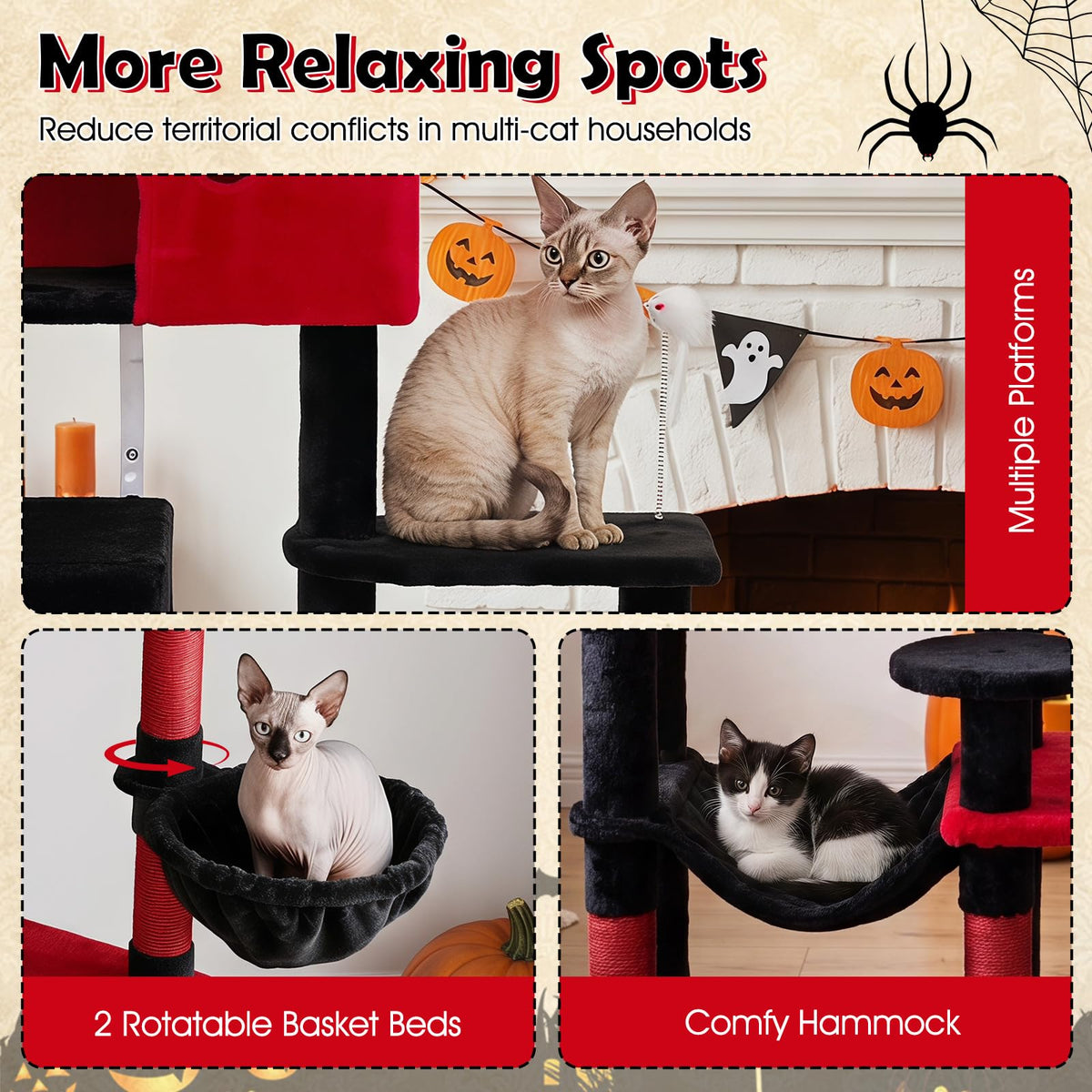 190cm Gothic Cat Tree for Indoor Cats with 2 Plush Perches and 2 Condos for Black Halloween
