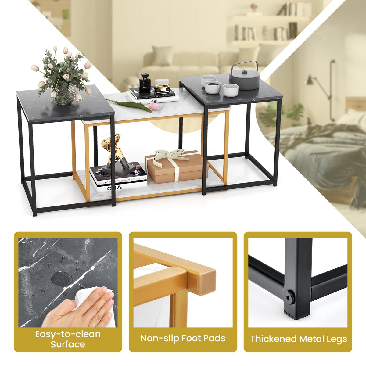 Giantex Nesting Coffee Table Set of 3, 3-Piece End Table with Faux Marble Top