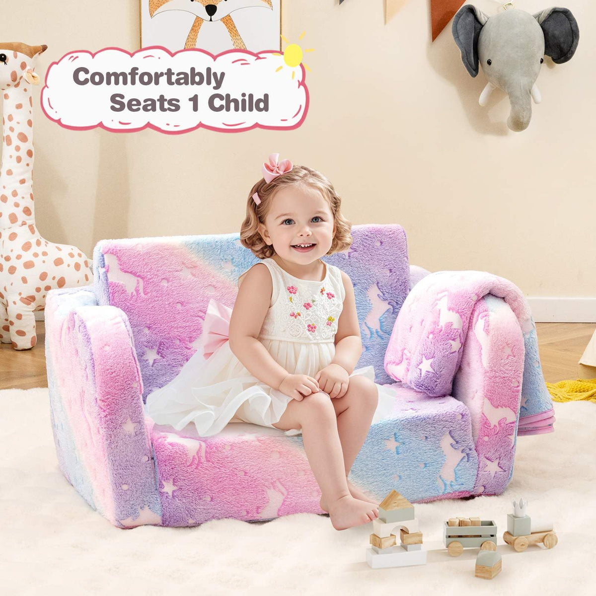 2-in-1 Folding Kids Couch with Blanket for 3+ Kids