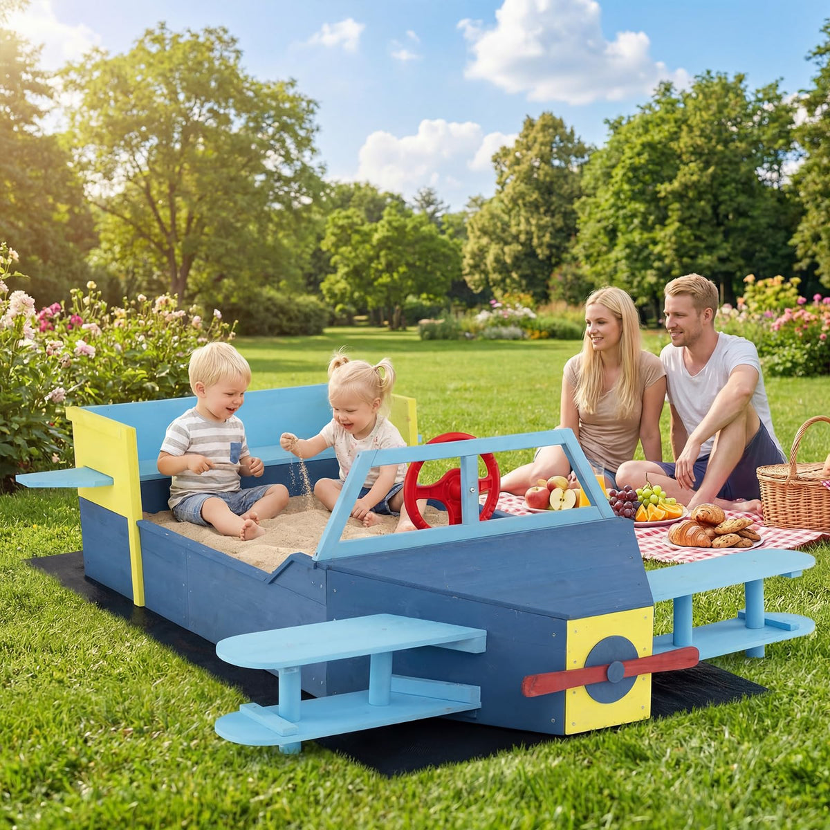 Glider-Shape Kids Sandpit, Large Wooden Outdoor Sand Box w/Bench Seat, Propeller, Rotatable Rudder and Side Wings