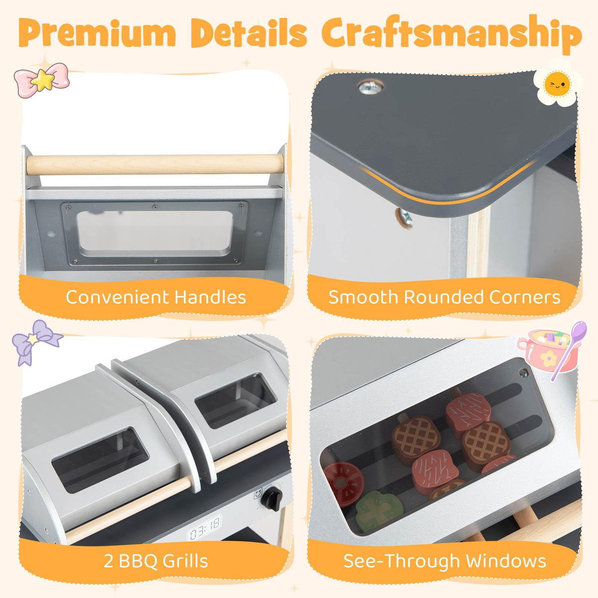 Wooden Kids Barbecue Grill Playset Kids Toy Grill with Abundant Grilling Tools and Play Foods