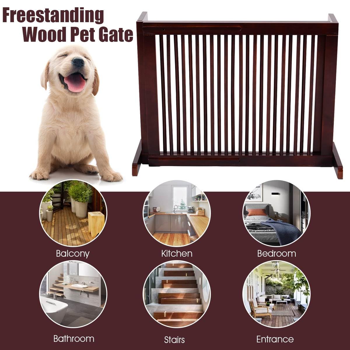 3 Panel Folding Wood Pet Slide Gate with Adjustable Length for Dogs