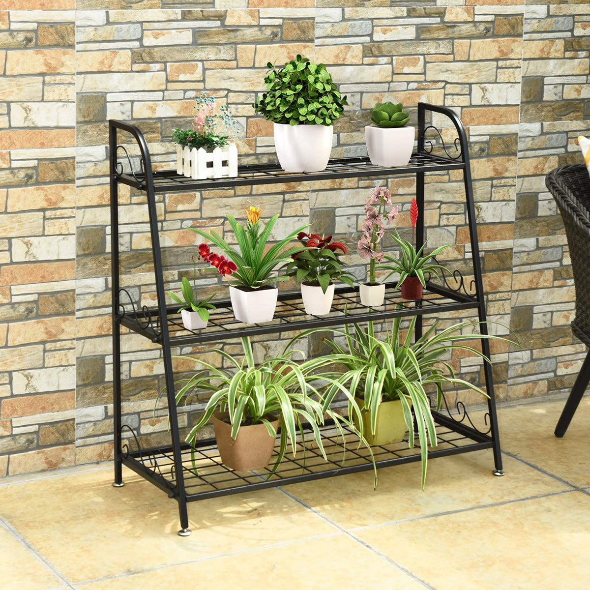 3-Tier Metal Plant Stand with Adjustable Feet for Indoor & Outdoor