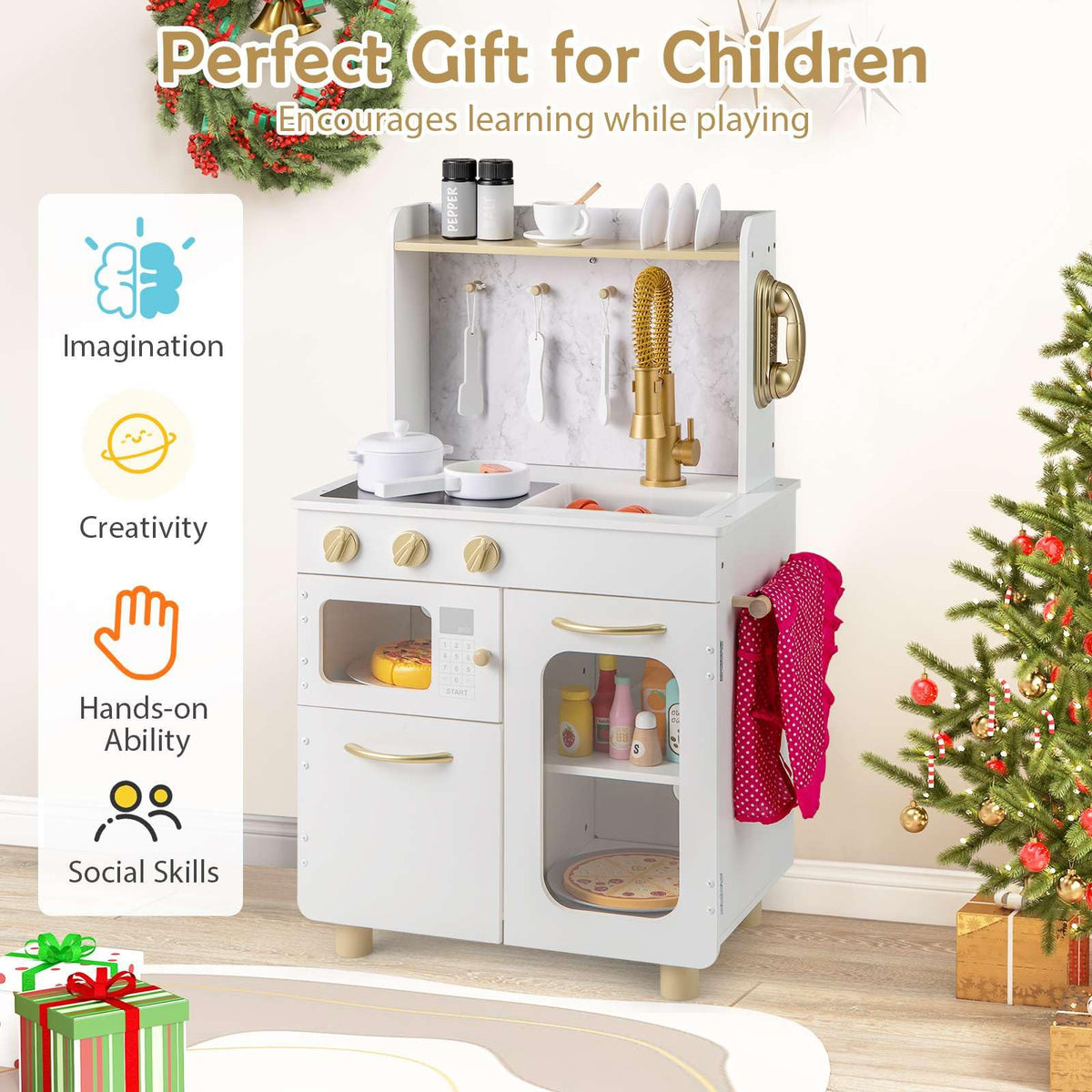 Pretend Play Kitchen with Stoves and Faucet for Boys and Girls 3+ Years Old