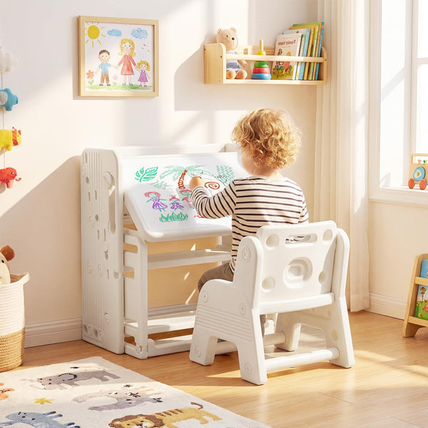 Kids Desk and Chair Set, Children Writing Desk with Side Bookshelves & Storage Baskets