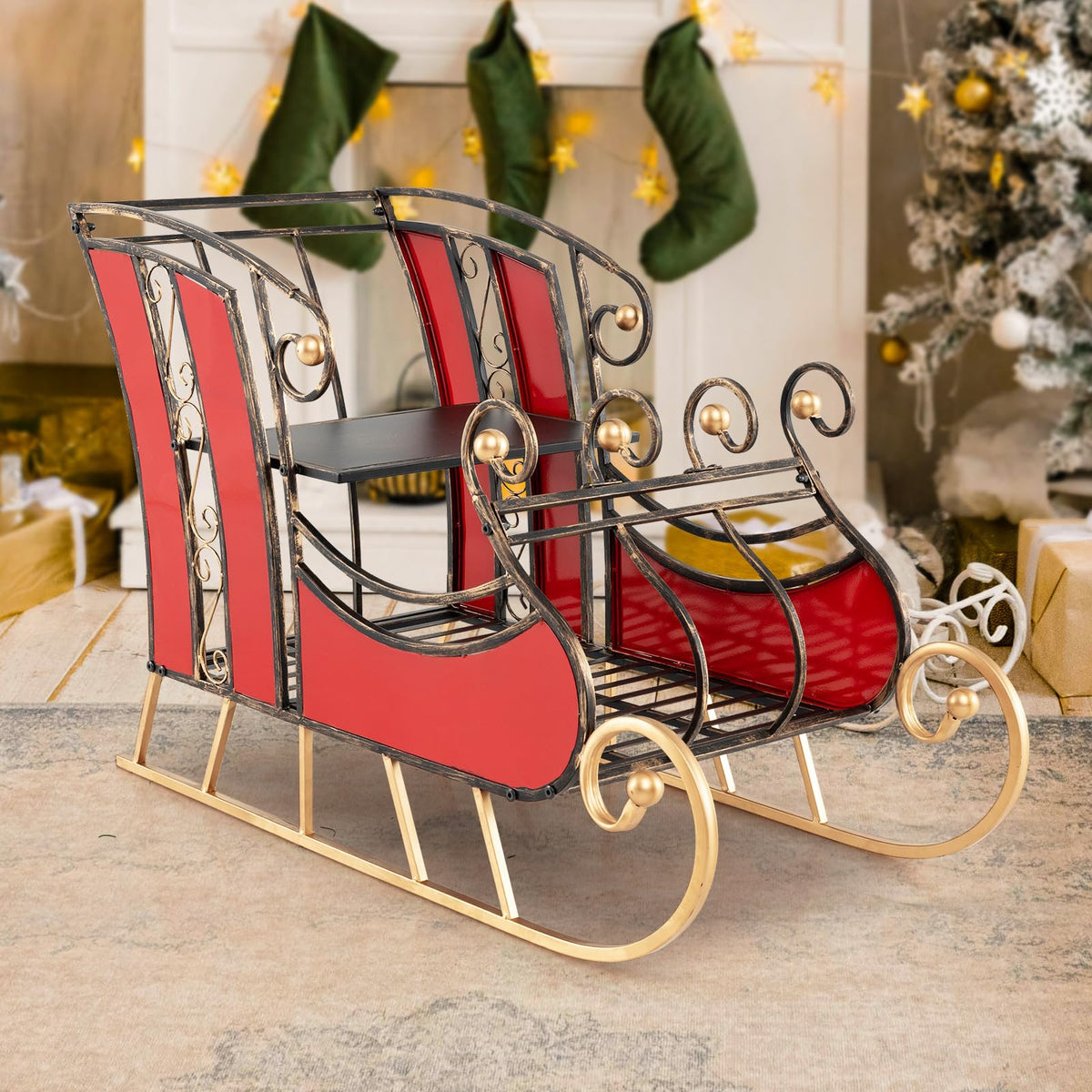 95cm Christmas Metal Sleigh Decoration with 2-Tier Shelf