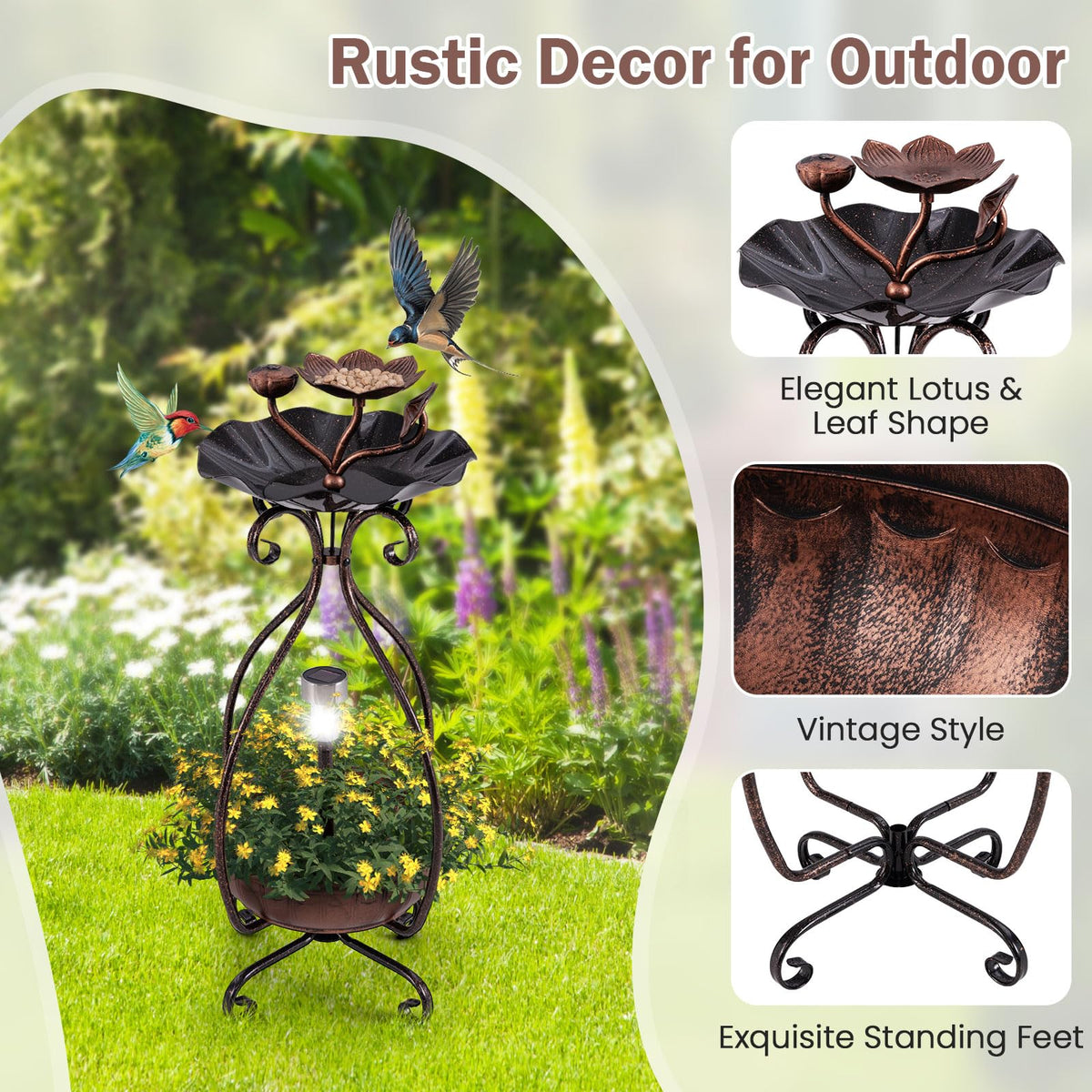 Solar Outdoor Bird Bath, Vintage Bird Bath & Feeder Combo