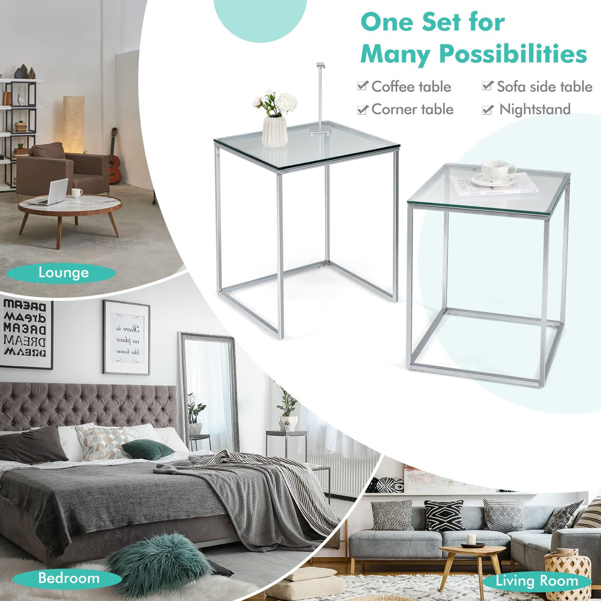 Giantex Nesting Glass Coffee Table Set of 2, Modern Home Coffee Table Set with Tempered Glass Top & Metal Frame