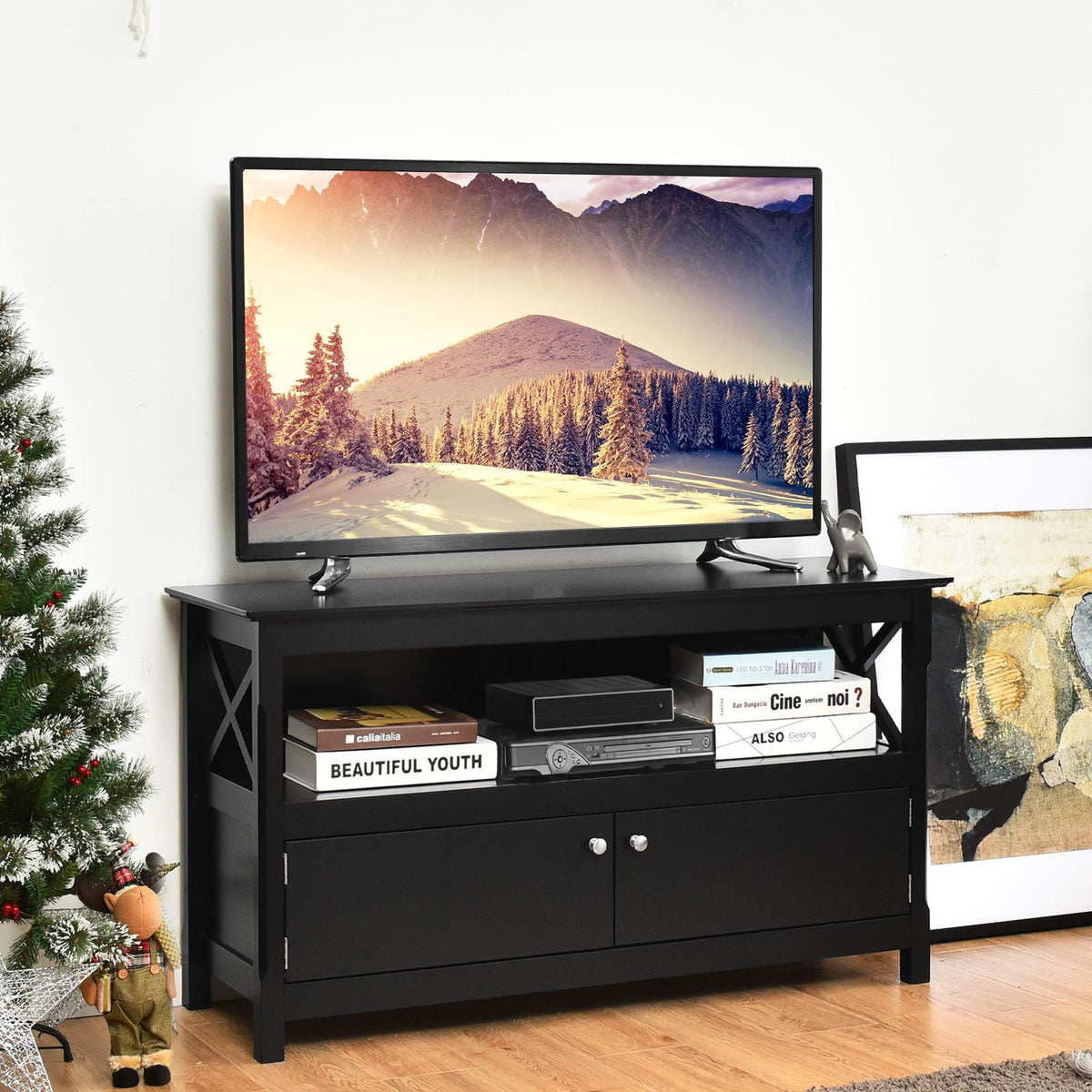 Giantex Wooden TV Stand for TVs, X Shape Console Storage Cabinet, Home Living Room Furniture, Farmhouse TV Storage Console