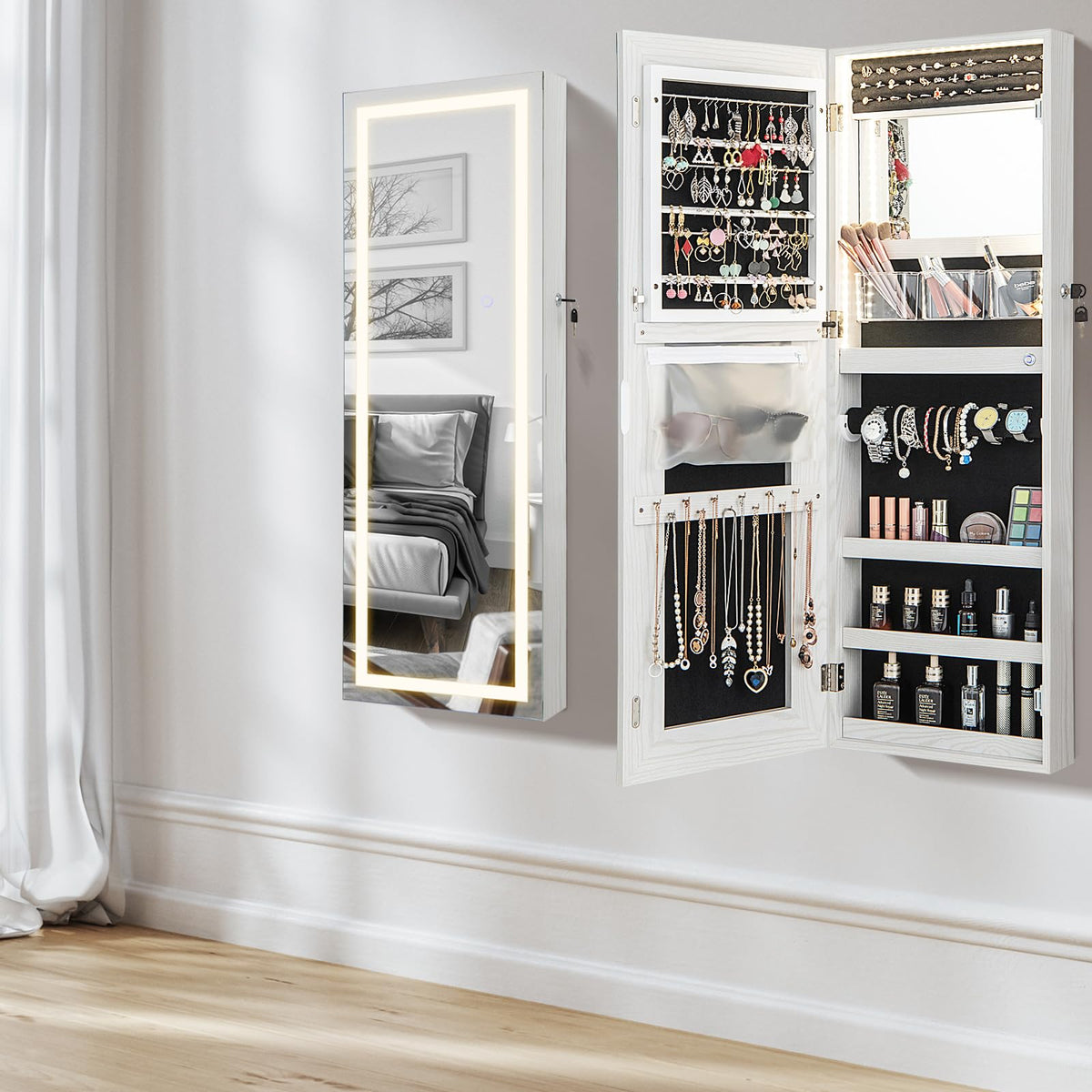 Giantex 108 cm Jewelry Mirror Cabinet, Lockable Jewelry Door & Wall Cabinet