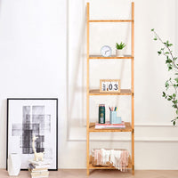 Giantex Ladder Shelf, 5-Tier Bamboo Storage Display Rack, Plant Stand Bookshelf, Wall Shelf for Living Room Kitchen, Leaning Against The Wall, Natural